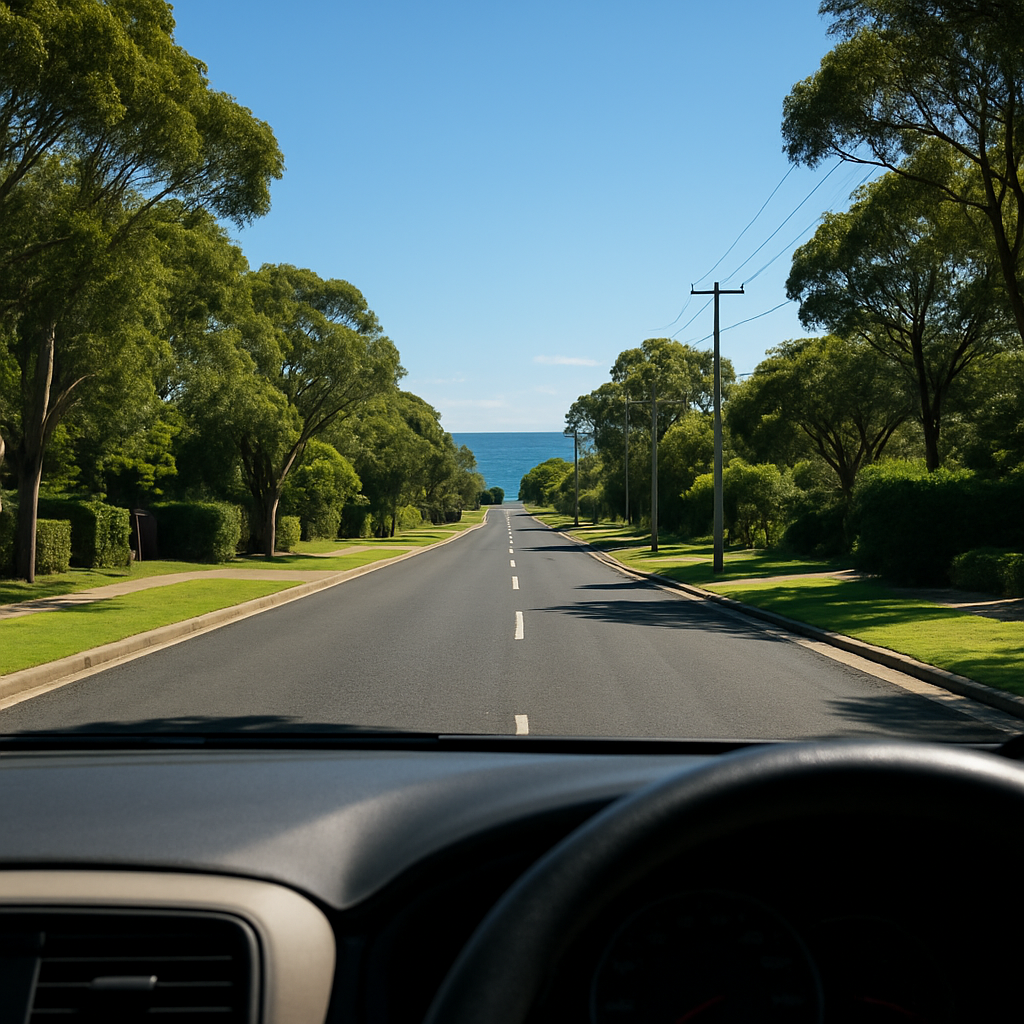 View through windscreen of a clear open road in coastal Australia