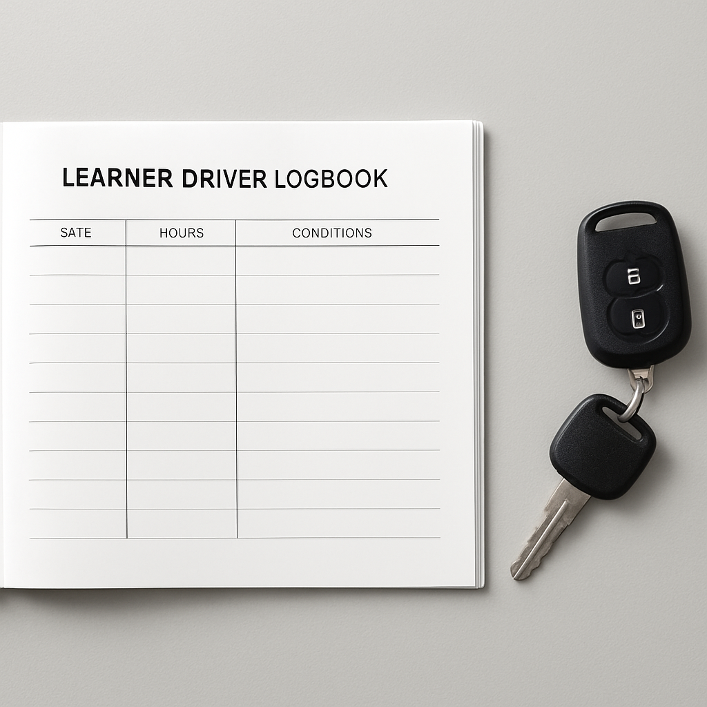Learner driver logbook open beside car keys on a desk
